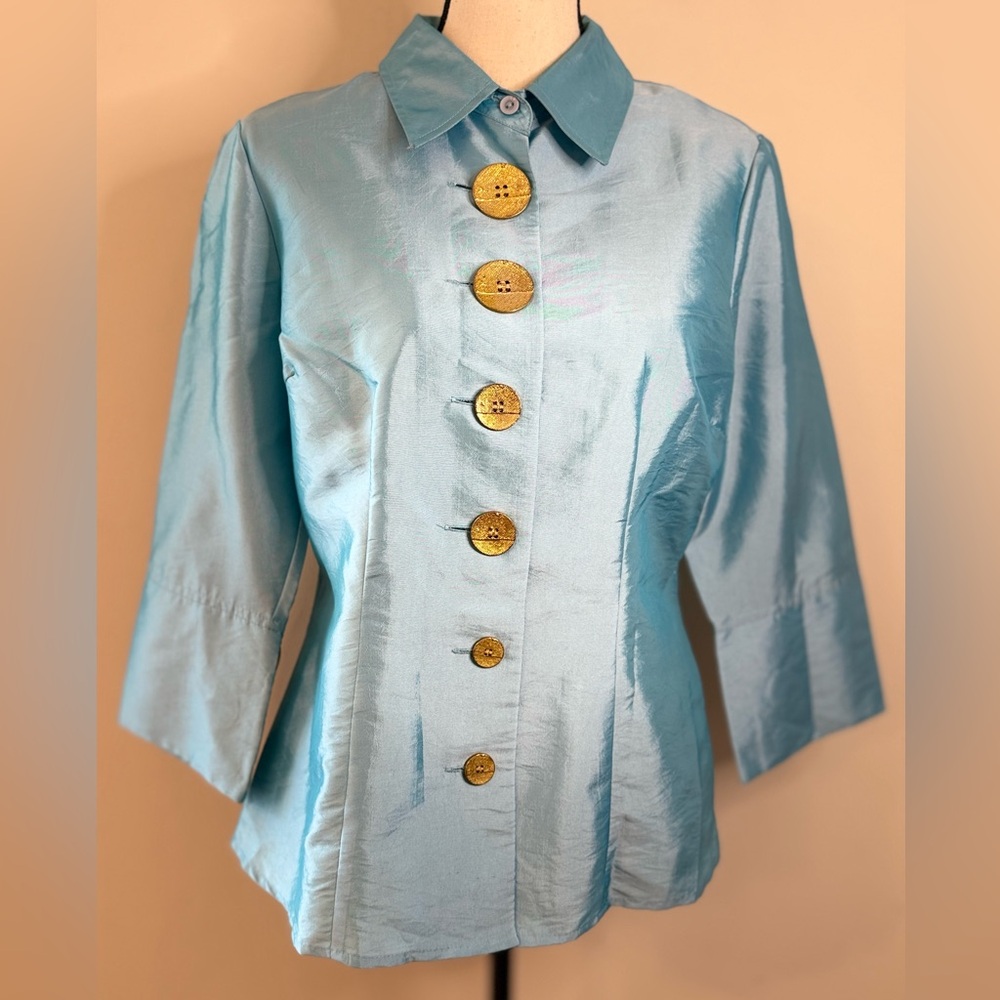Agora boho chic shimmery teal suit jacket/top large gold buttons SZ M